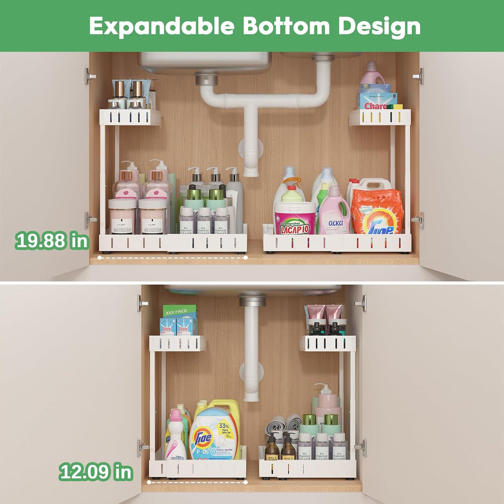 REALINN Under Sink Organizer, 2 Tier Expandable Under Cabinet Organizer, Heights Adjustable Pull Out Storage for Kitchen Bathroom Laundry, White, 2 Pack