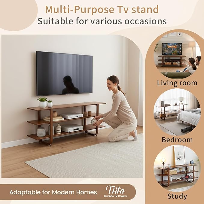 Tiita Wooden TV Stand for 65 Inch TV, Modern Media Console Table with 3-Tier Storage Shelves, Long Entertainment Center for Living Room, Walnut TV Stand with Open Display Rack