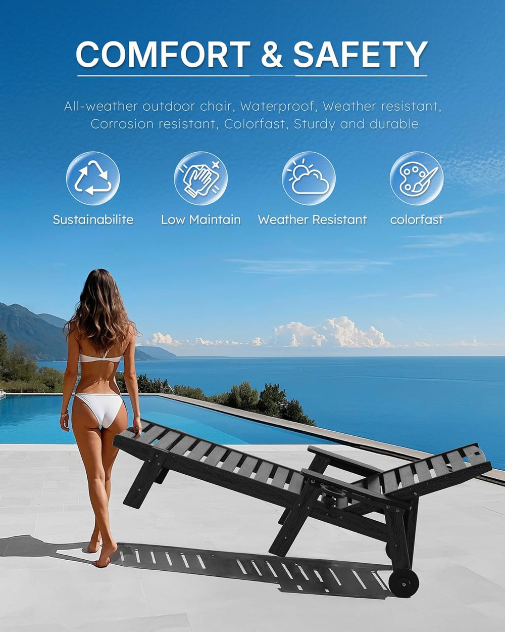 Patio Chaise Lounge Chair Set of 2, Oversize Lounge Chairs with Wood Texture&...