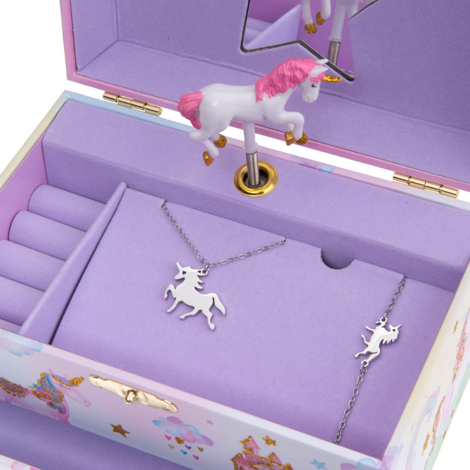 Jewelkeeper Jewelry Box for Girls with Drawer - Spinning Unicorn Doll to The Beautiful Dreamer Tune Music Box - Little Girls' Jewelry Set Includes Unicorn Bracelet and Necklace - 5Dx7Wx4H Inches