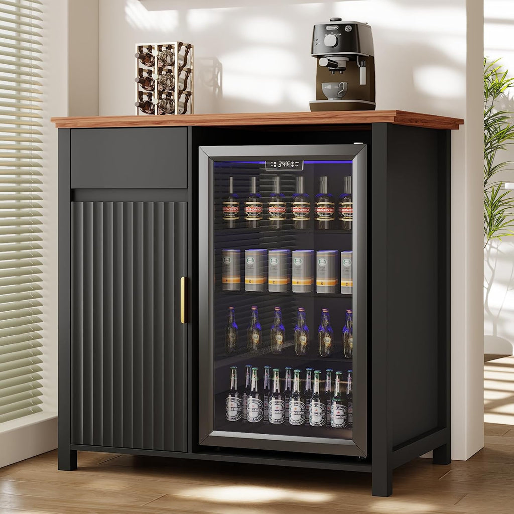 Mini Fridge Cabinet with Charging Station, Modern Fluted Coffee Bar Cabinet with Beverage and Wine Storage, Compact Coffee Bar with Mini Fridge Space for Kitchen, Dining Room or Living Room