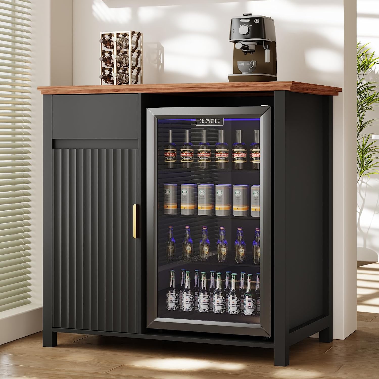 Mini Fridge Cabinet with Charging Station, Modern Fluted Coffee Bar Cabinet with Beverage and Wine Storage, Compact Coffee Bar with Mini Fridge Space for Kitchen, Dining Room or Living Room