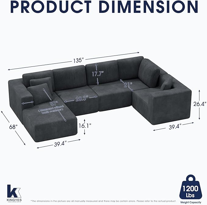 KINGYES 135'' Modular Sectional U Shaped Sofa, Upholstered Corduroy Boneless Couch Cloud Couch for Living Room, Gray