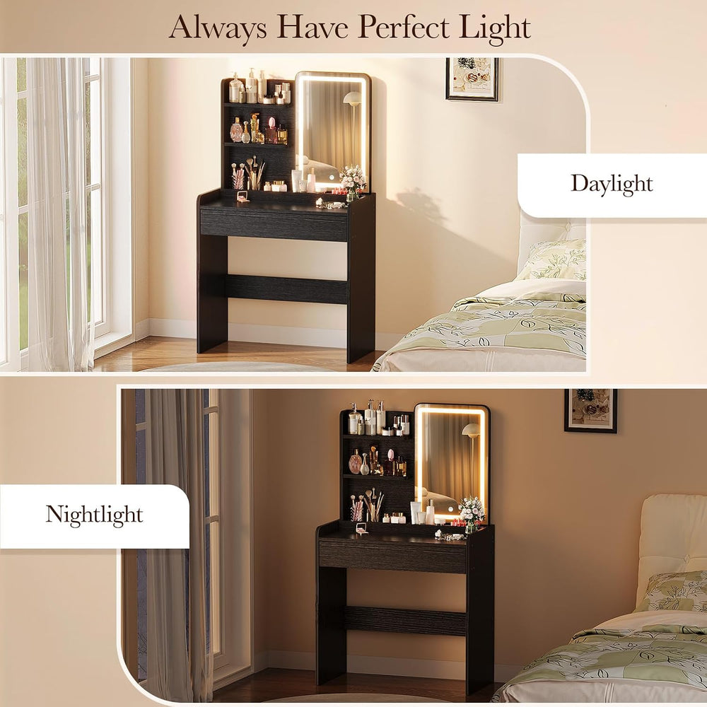 Memobarco Black Small Makeup Vanity Desk with Drawer & Storage Shelves | ...