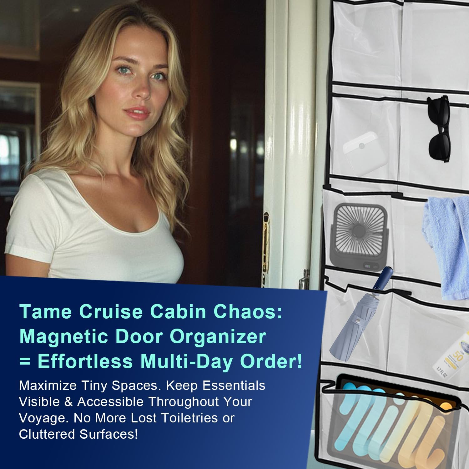 Magnetic Cruise Door Organizer – 13-Pocket Hanging Storage with 2 Large Shoe Pockets, No Hook Needed, Includes 3 Bonus Hooks, 2025 2026 Cruise Ship Essentials for Cabin, Bathroom, or Closet Use