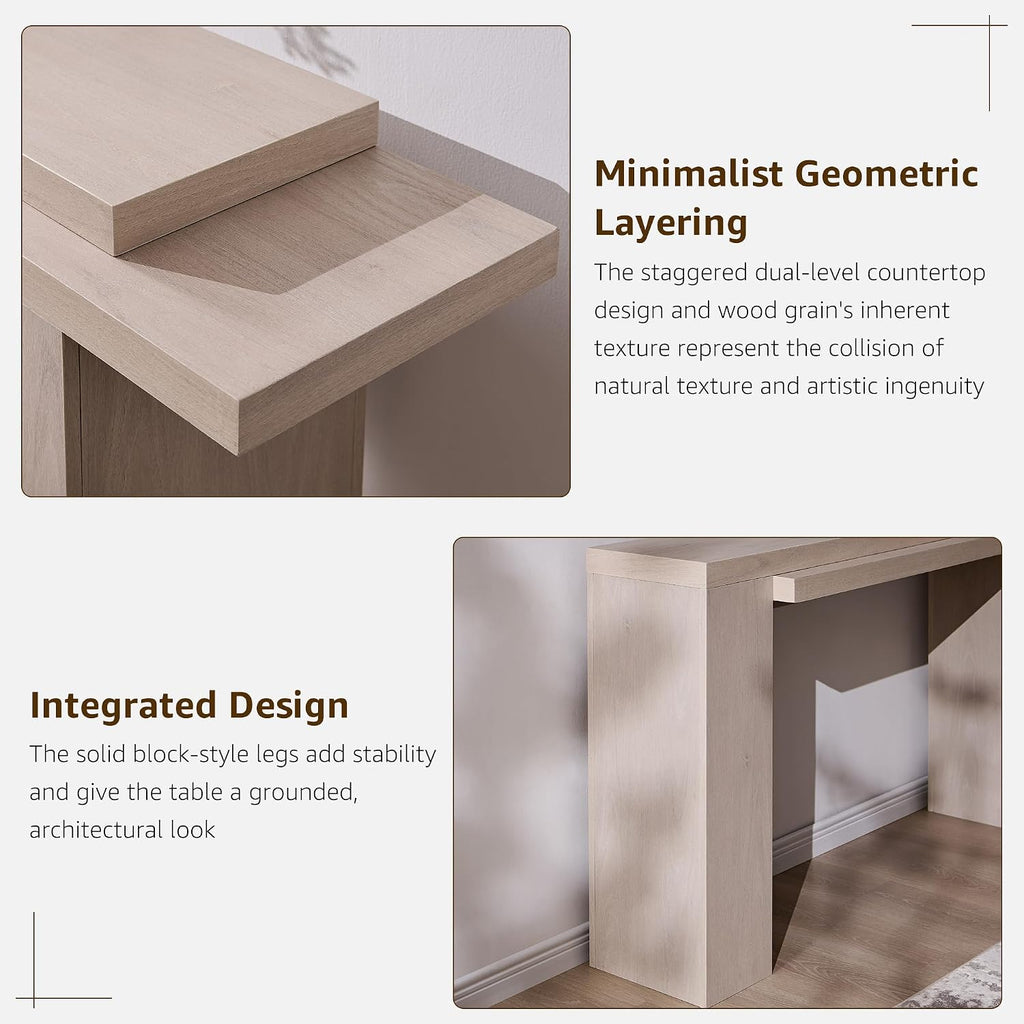 OKD 63" Modern Geometric Console Table with Layered Top, White Alder | Extended Layered Top, Sturdy Support Legs, Entryway, Hallway, Foyer, Living room, Behind Sofa