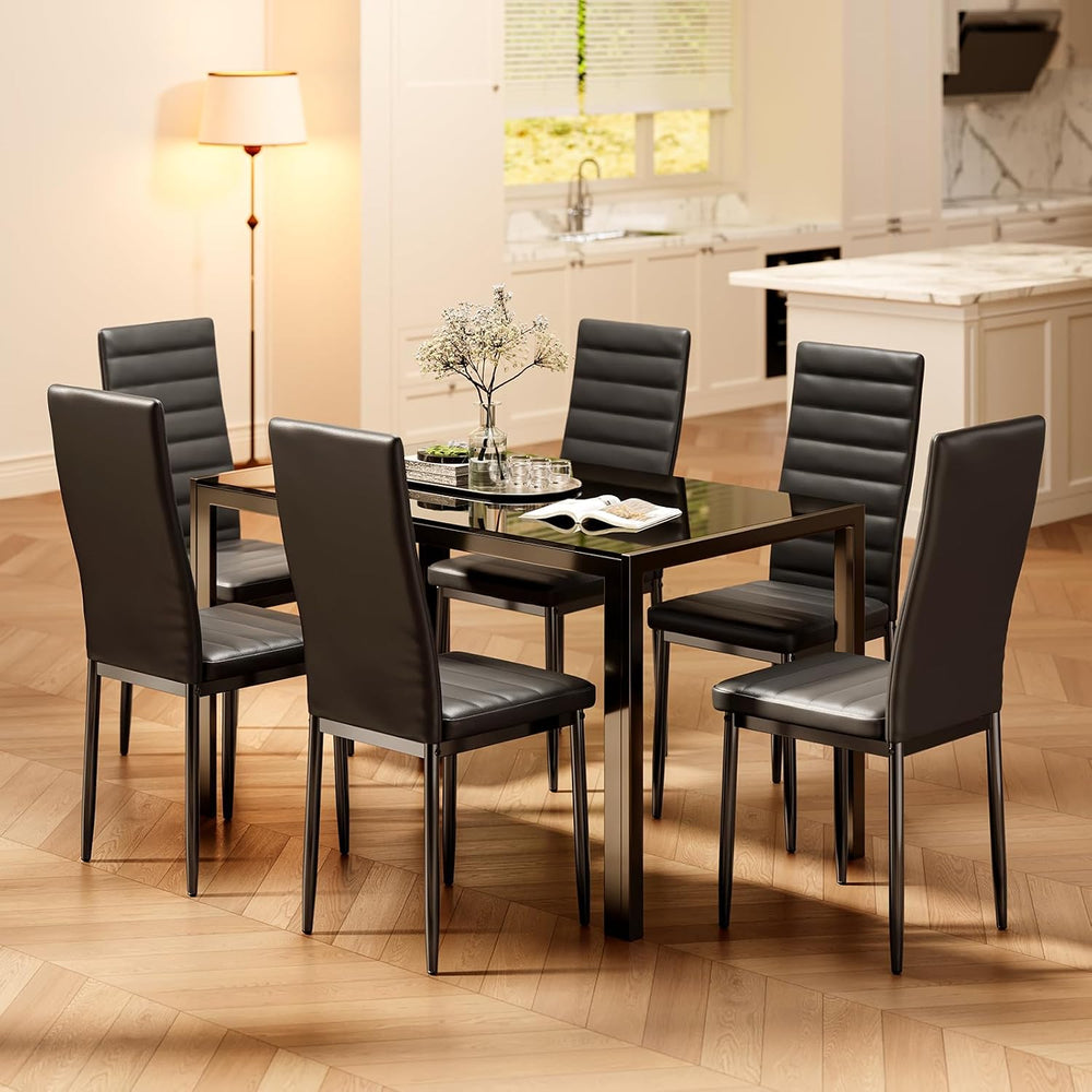 Bealife Kitchen Dining Table Set for 6, Tempered Glass 7 Piece - Black | PU L...