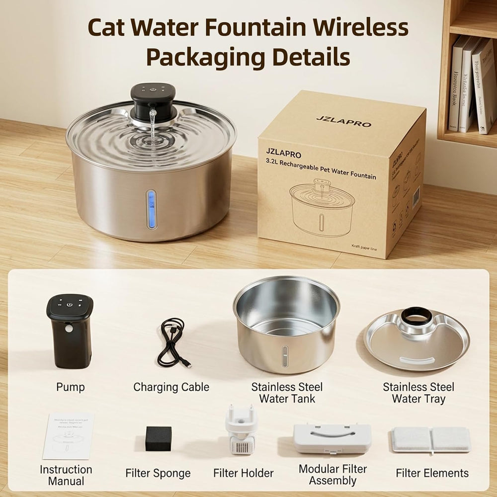 Jzlapro Wireless Cat Water Fountain,108oz Stainless Steel,Battery Operated