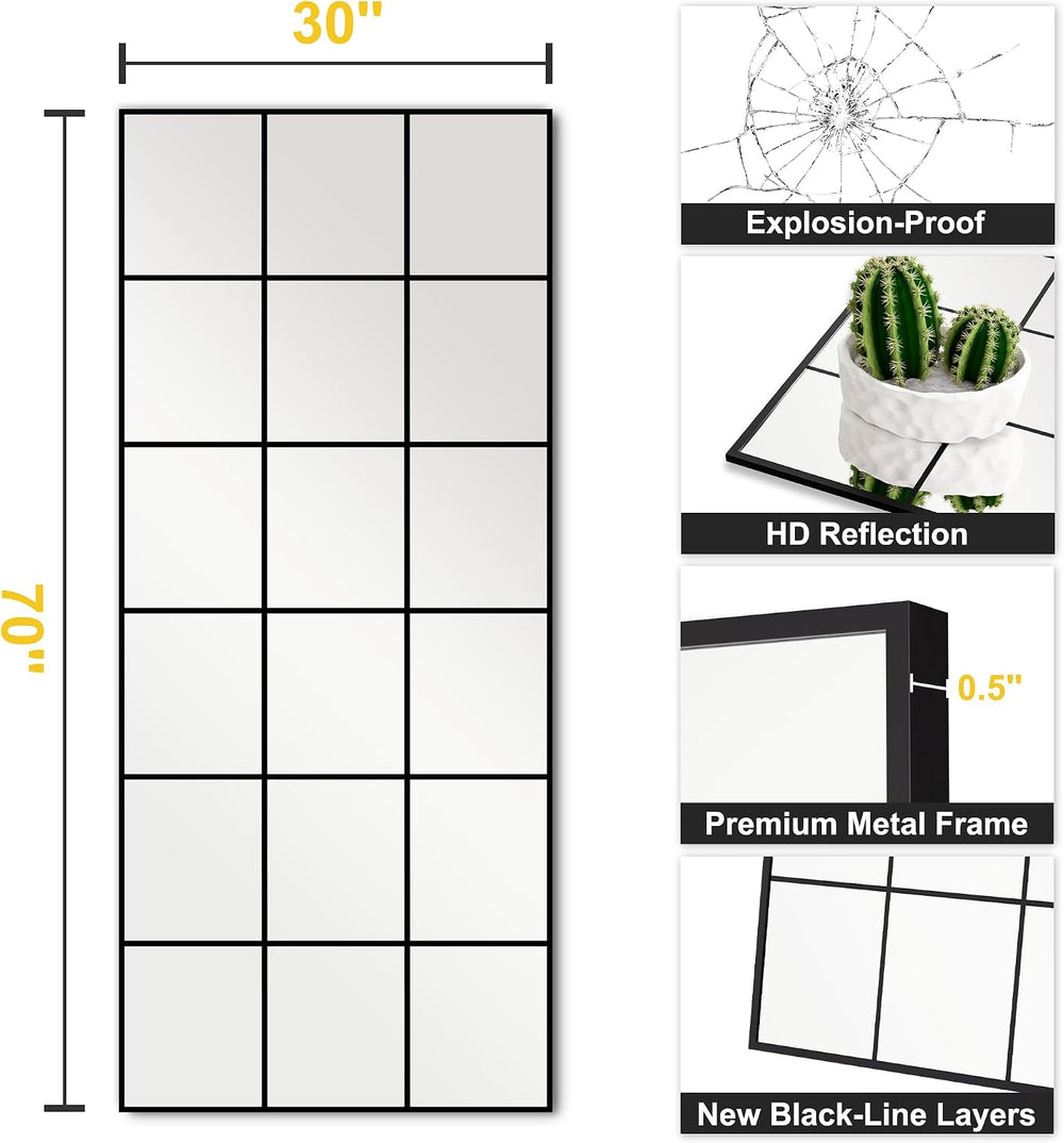 Large Window Pane Full Length Mirror 30"x70" Black Oversize Mirror