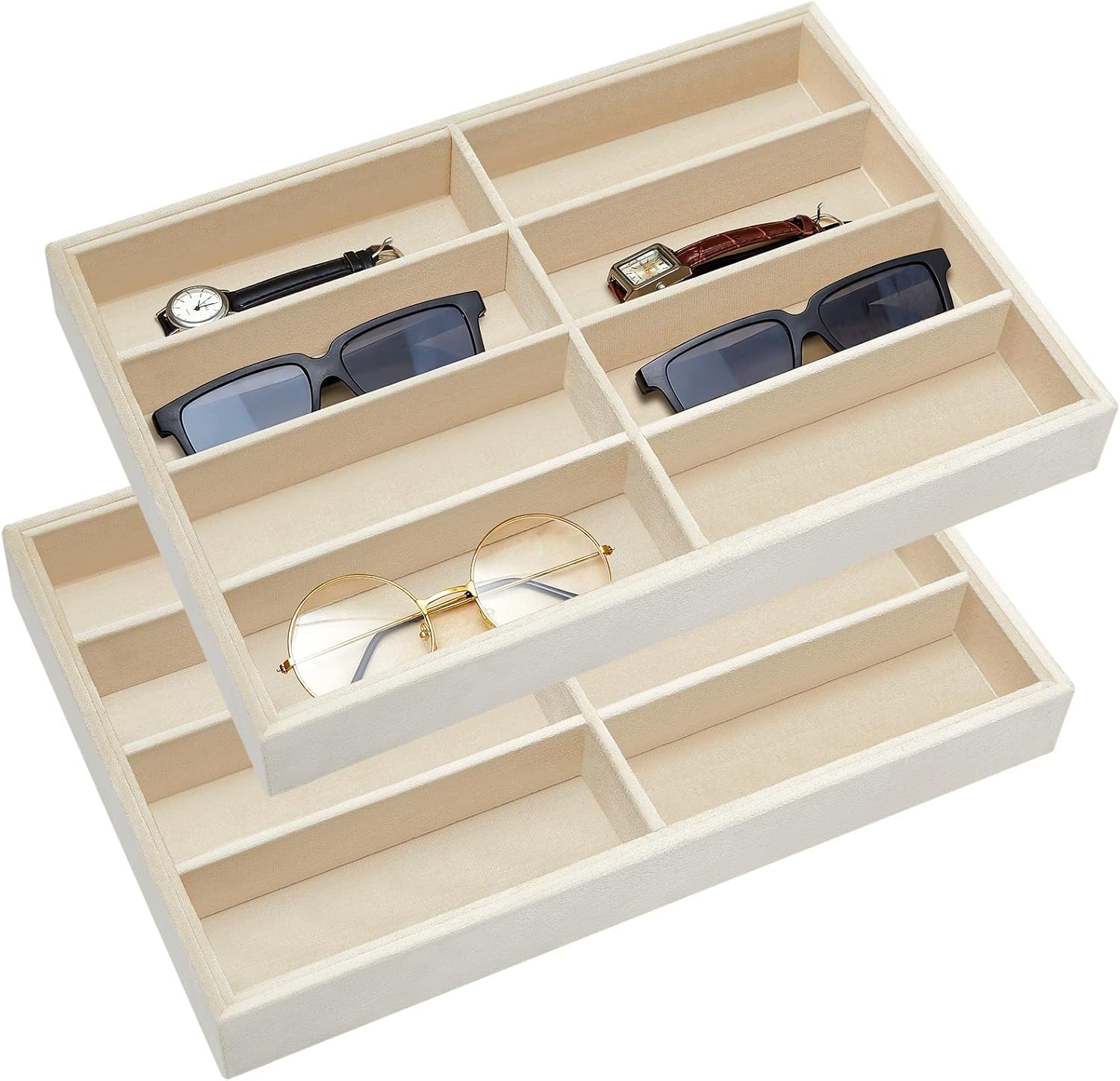 Amylove 2 Pcs Sunglass Organizer Trays Glasses Stackable Jewelry Trays Sunglass Organizer Display Box(8 Grids,Beige)