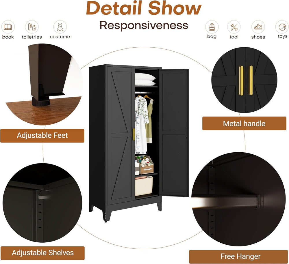 71" Armoire Wardrobe Closet, Metal Wardrobe Closet with Hanging Rod | Wa...