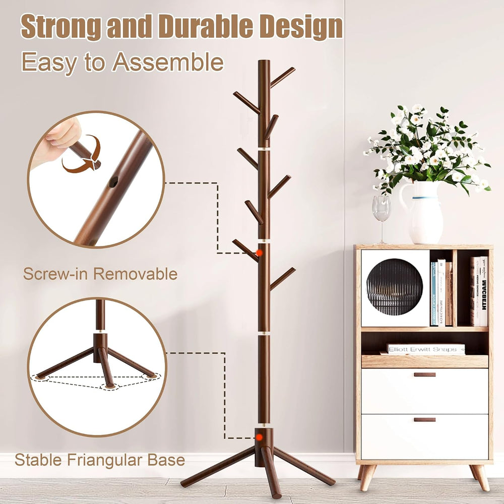 Wooden Coat Rack Stand, Freestanding Coat Rack with 8 Hooks, 3 Adjustable Siz...