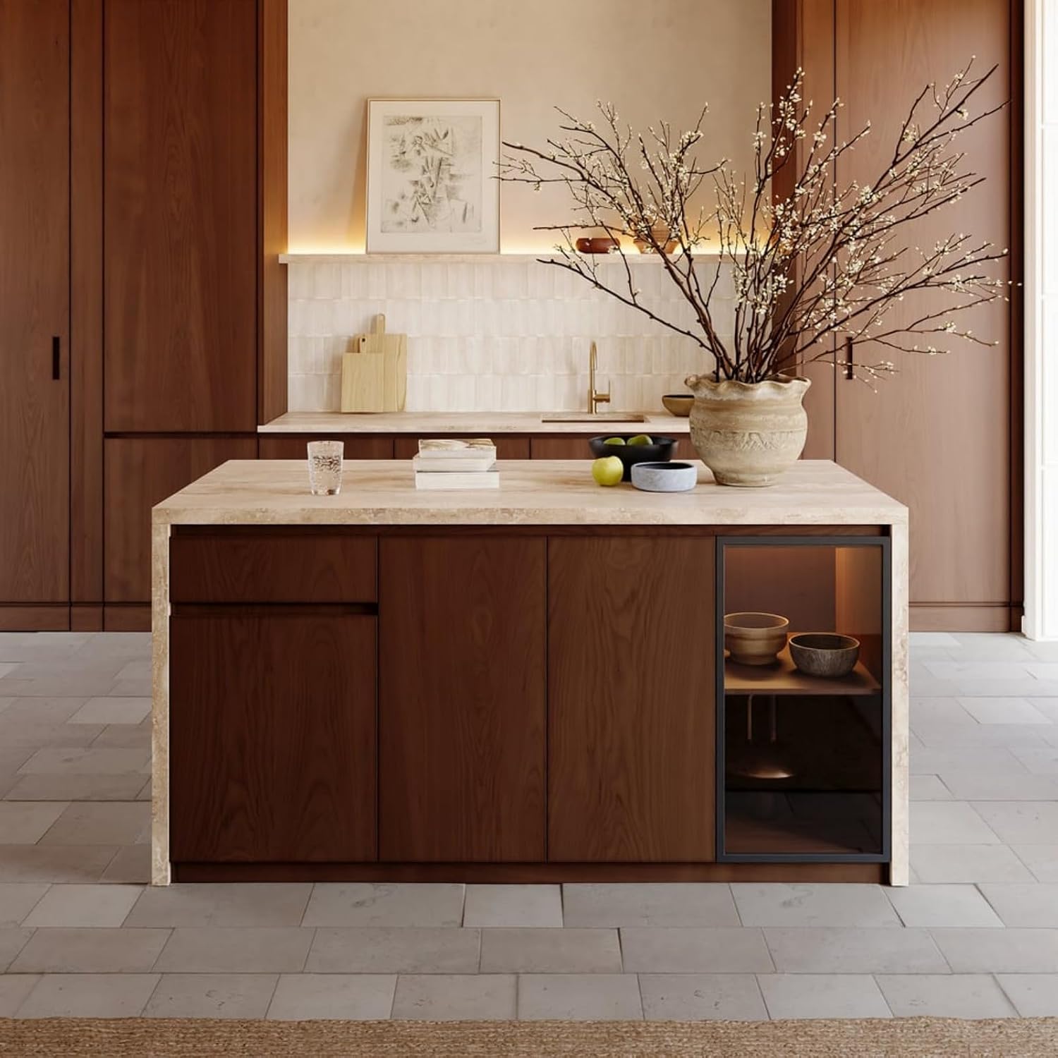 homary 72" Kitchen Island LED & Waterfall Edge - Modern Stationary Large Kitchen Cabinet with 3 Doors, 2 Drawers & Trash Storage, Adjustable Shelves (Matte Travertine & Walnut, Engineered Wood Top)