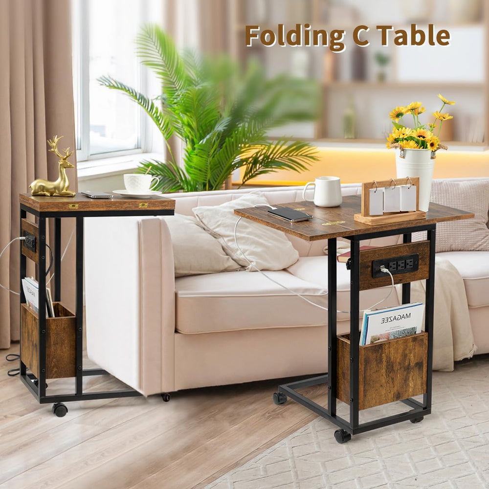 Hadulcet C Shaped End Table with Charging Station & Foldable Tabletop, Fo...