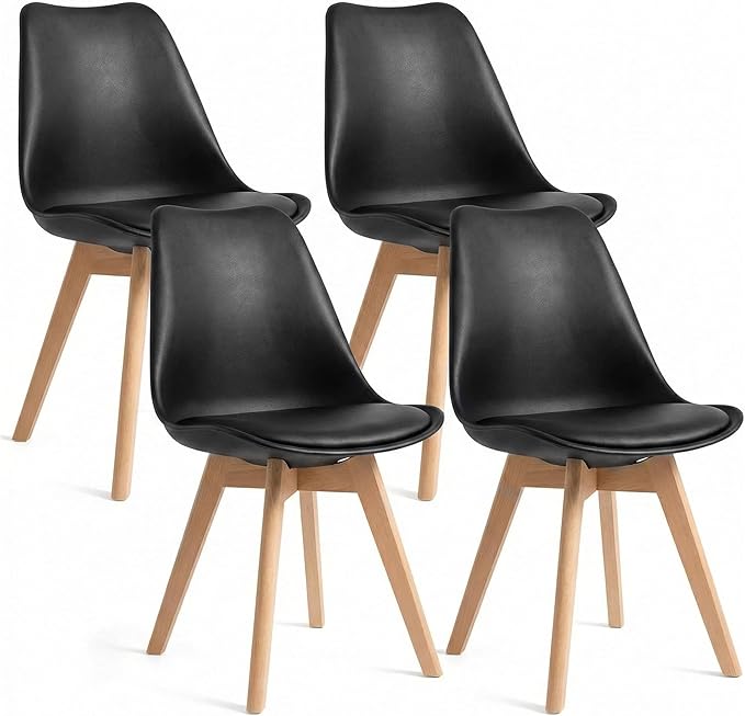 Dining Chairs Set of 4, Modern Upholstered Dining Room Chairs with PU Leather Padded Seat, Armless Kitchen Chairs with Curved Backrest and Solid Wood Legs for Dining Room, Kitchen, Apartment, Black