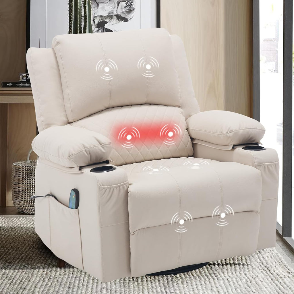 Leather Swivel Rocker Recliner Massage Nursery Rocking Glider Chair, White | Wide Seat, Overstuffed, Cup Holders, Faux Leather, Living Room Lounge Chair