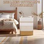 Laundry Hamper Large Laundry Basket with Leather Handles, Decorative Storage Cotton Rope Woven Basket for Blankets, Clothes Hamper for Living Room, Jute & White, 85L