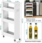 Slim Storage Cart, 4 Tier Rolling Kitchen Cart on Wheels for Small Space, Narrow Laundry Bathroom Organizers Mobile Shelving Unit Metal Utility Cart with Handle, 5.9in Width, White