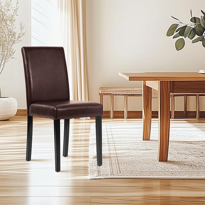 FDW Dining Chairs Set of 4,Dining Room Chairs,Side PU Cushion Chairs with Waterproof Surface and Wood Legs,for Kitchen Restaurant and Living Room,Leather Brown