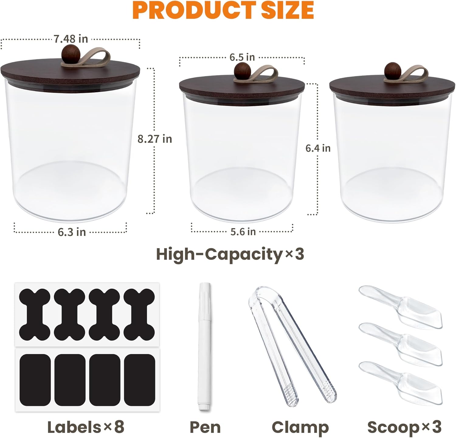 3 Pack Airtight Dog Food Storage Container, Dog Treat Container Dog Food Container with Wood Lids 8x7''&6x5'',Pet Food Storage Container,Cat Food Containers with Scoops,Clamp,Labels,Pens