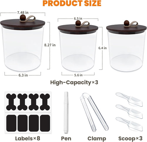 3 Pack Airtight Dog Food Storage Container, Dog Treat Container Dog Food Container with Wood Lids 8x7''&6x5'',Pet Food Storage Container,Cat Food Containers with Scoops,Clamp,Labels,Pens