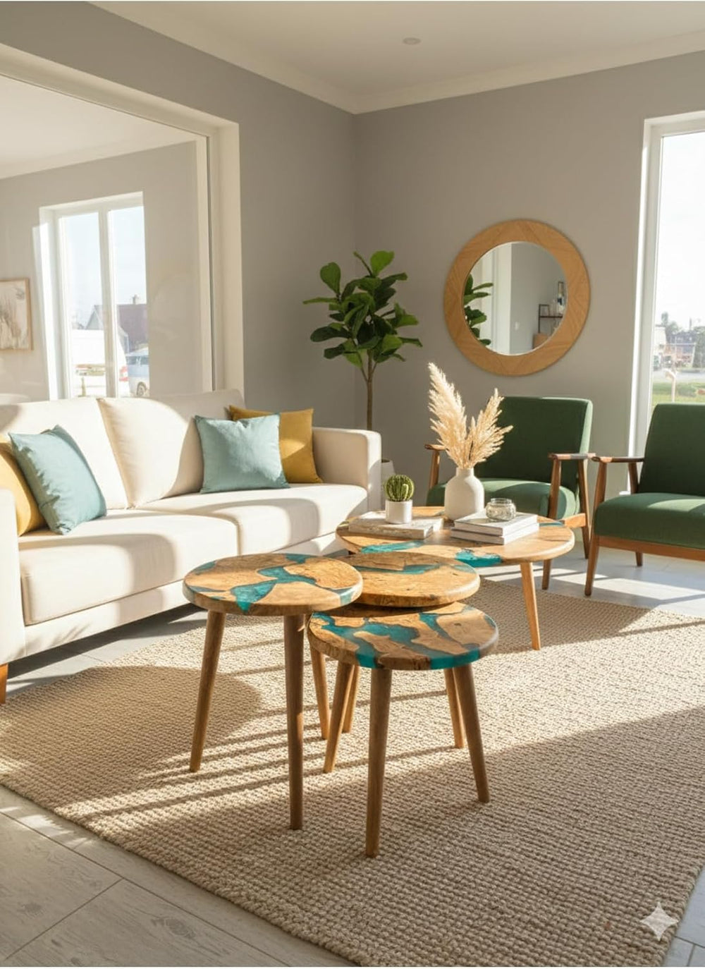 3-Piece Round Nesting Side Table Set 15.7 in Diameter | Olive Wood & Gree...