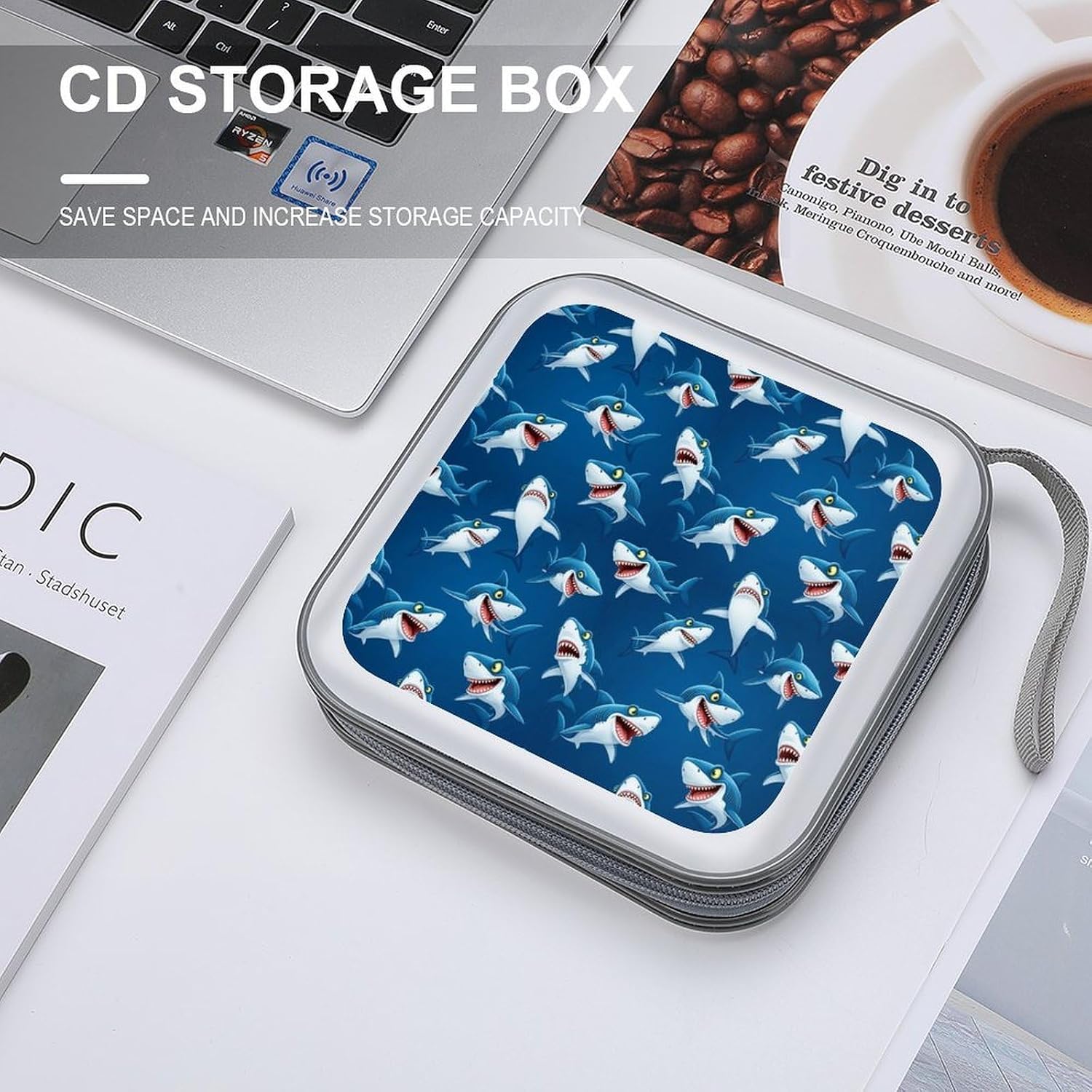 40-Disc Capacity CD/DVD Case Nautical Ocean Shark Lovers Animal Shark, Hard Plastic Protective Storage Binder with Zipper, Portable Organizer for Car Home Office