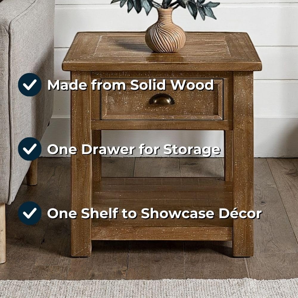 Monterey Farmhouse Rustic End Table, Solid Pine Wood Coastal Side Table with ...