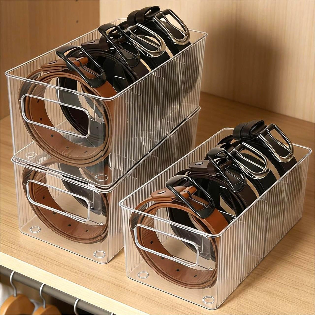 3 Pack Acrylic Belt Organizer - with Adjustable 4 Compartments & Stackable Design, Clear Storage for Closet and Drawer Organization, Display Case Pantry Cabinet Organizers for Ties,Socks,Underwear
