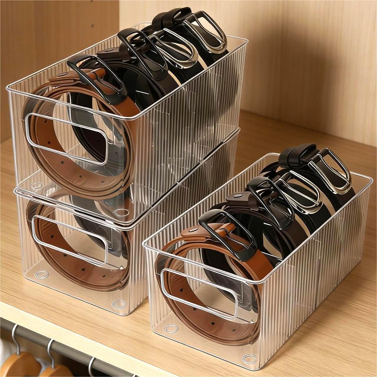 3 Pack Acrylic Belt Organizer - with Adjustable 4 Compartments & Stackable Design, Clear Storage for Closet and Drawer Organization, Display Case Pantry Cabinet Organizers for Ties,Socks,Underwear