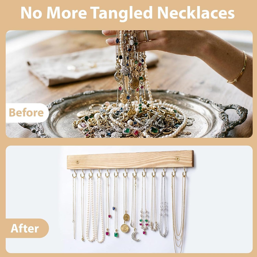 3 Pack Necklace Holder Wall Mounted Hanging Jewelry Organizer, Wooden Jewelry Hanger with 39 Hooks for Necklace Earring Bracelet & Accessories Display, Jewelry Storage Holder for Bedroom Closet Decor