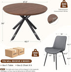 47.2" 5-Piece Round Dining Table Set for 4, Modern Wood Dining Table with 4 Upholstered Chairs, Kitchen & Dining Room Table Set with Metal Base for Apartment, Small Space, Walnut Table+4 Grey Chairs