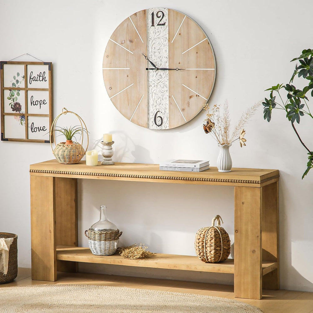 Console Sofa Table with Storage, 63" Long Wood Console Table with Beaded...