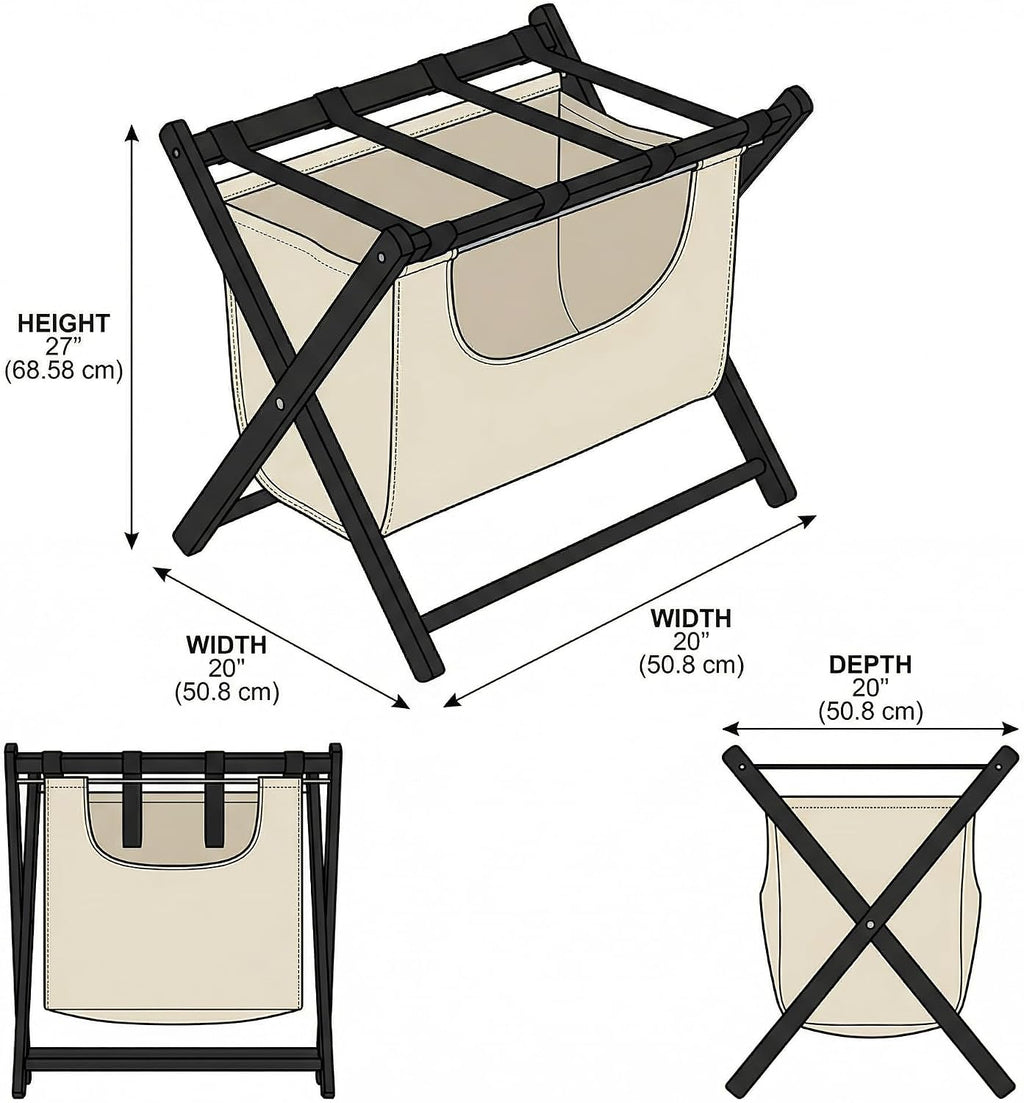 Bluecat Folding Luggage Rack 4 Pack with Detachable 43L Laundry Bag, 150Lbs Solid Wood Suitcase Stand, Space-Saving Luggage Holder for Guest Room Hotel Bedroom Entryway, Black