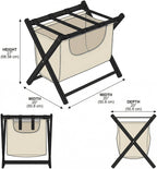 Bluecat Folding Luggage Rack 4 Pack with Detachable 43L Laundry Bag, 150Lbs Solid Wood Suitcase Stand, Space-Saving Luggage Holder for Guest Room Hotel Bedroom Entryway, Black