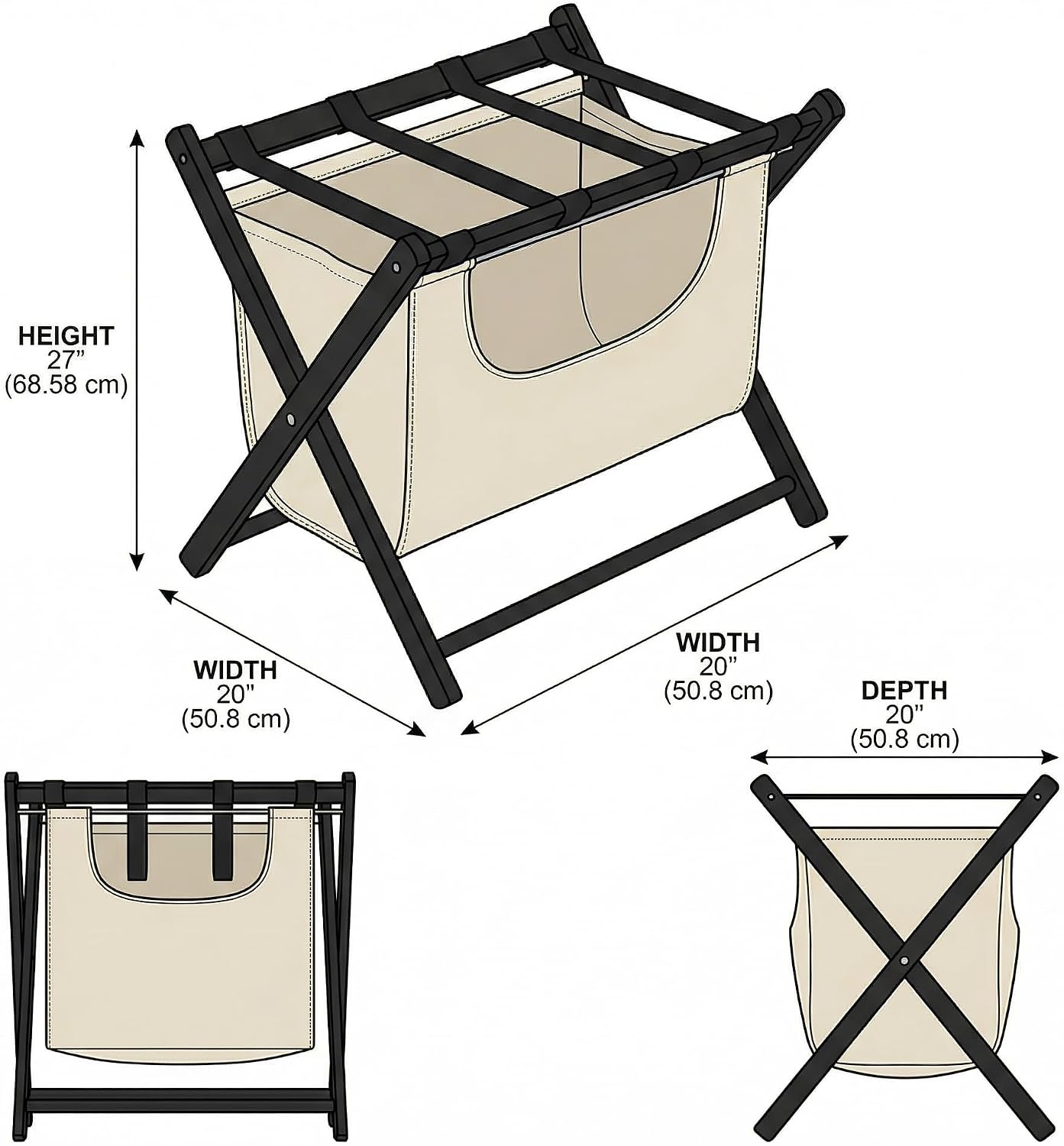 Bluecat Folding Luggage Rack 4 Pack with Detachable 43L Laundry Bag, 150Lbs Solid Wood Suitcase Stand, Space-Saving Luggage Holder for Guest Room Hotel Bedroom Entryway, Black