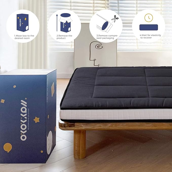 MAXYOYO Futon Mattress, Padded Japanese Floor Mattress Quilted Bed Mattress Topper, Extra Thick Folding Sleeping Pad Breathable Floor Lounger Guest Bed for Camping Couch, Black, Full Size
