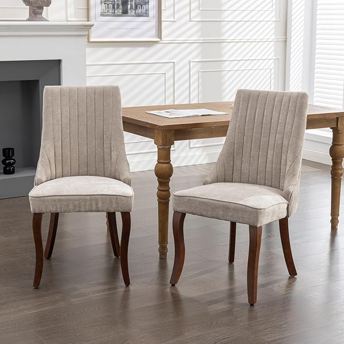 Dining Chairs Set of 2,Comfy Fabric Upholstered Accent Chairs for Kitchen Living Room,Channel Tufted Dining Room Chairs with Curved Solid Wood Legs(Beige)