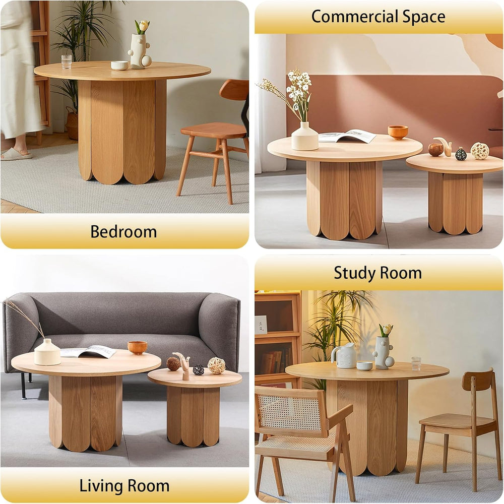 Round Wood End Table with Thickened Top and Petal-Shaped Base, Space-Saving S...