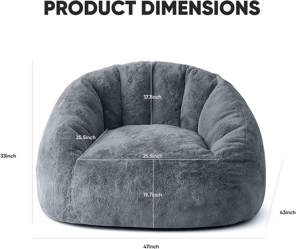 Bean Bag Chair, Shell-Shaped Bean Bag Couch for Adults, Giant Bean Sofa with High-Rebound Memory Foam, Chair with Faux Fur Removable Cover, Big Sofa for Reading, Gaming, Dark Gery