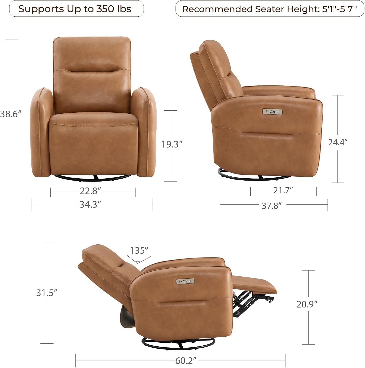 CHITA Faux Leather Power Recliner Chair, Swivel Glider, Camel | Nursery Rocking Chair for Adults with USB & Type-C Charging Ports, Electric Recliner for Living Room & Bedroom
