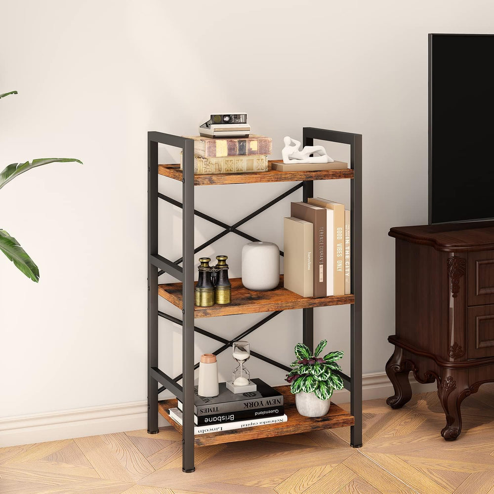 Homeiju Bookshelf, 3 Tier Industrial Bookcase, Metal Small Bookcase, Rustic E...