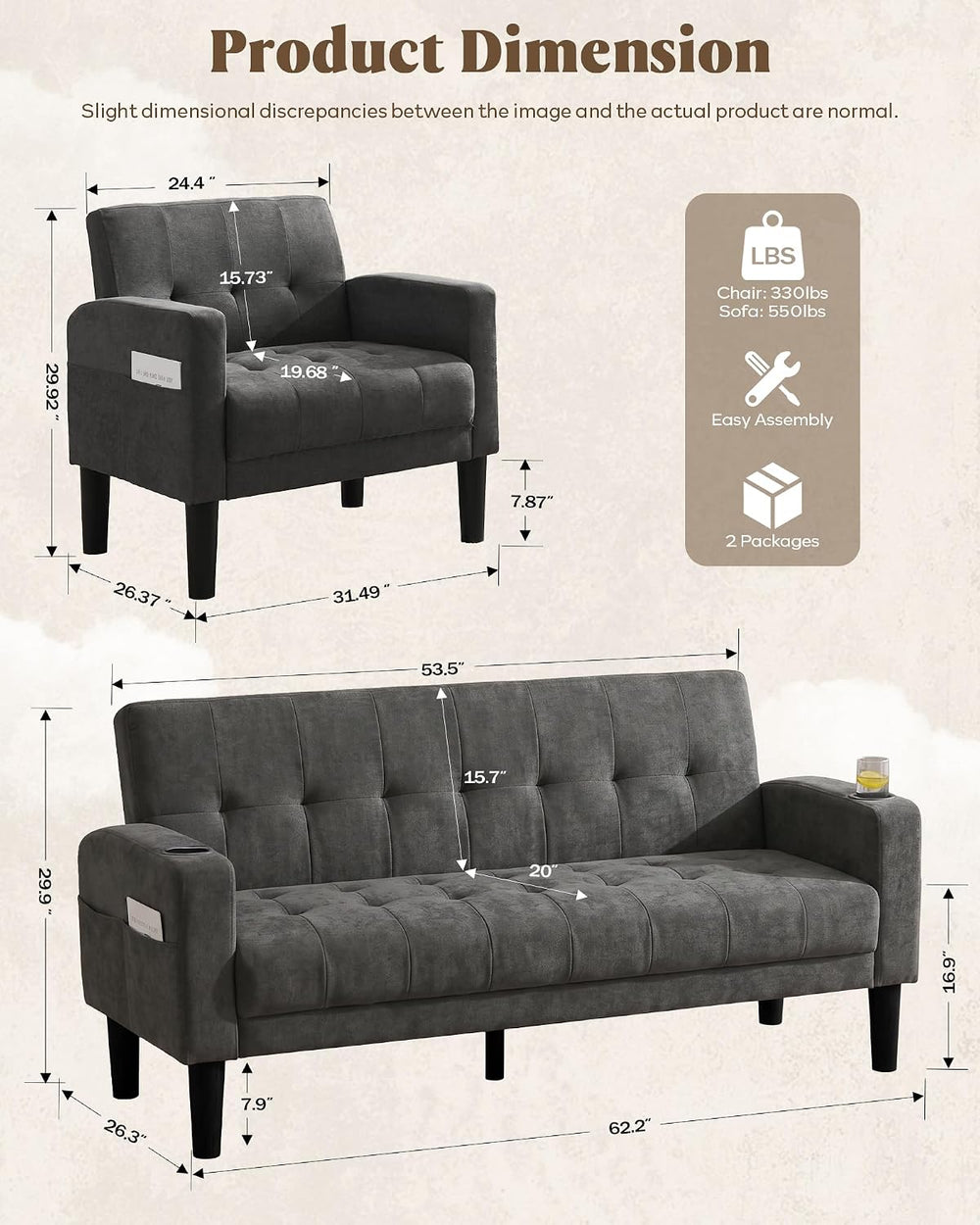 3 Piece Dark Grey Fabric Linen Mid Century Modern Living Room Sofa Set