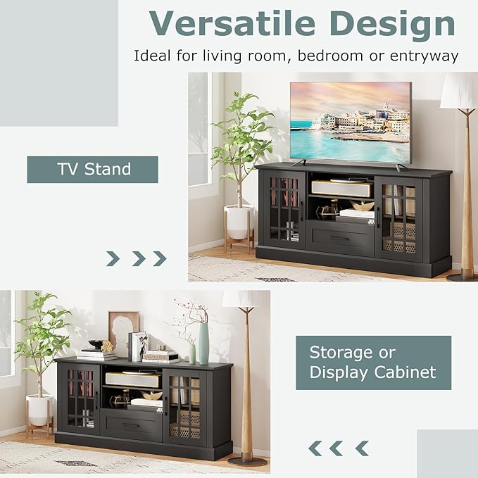 GOFLAME Farmhouse TV Stand for TVs up to 70", Entertainment Media Center Storage Cabinet with Glass Doors, Open Shelves & Drawer, Wooden Television Console Table for Living Room (Black)