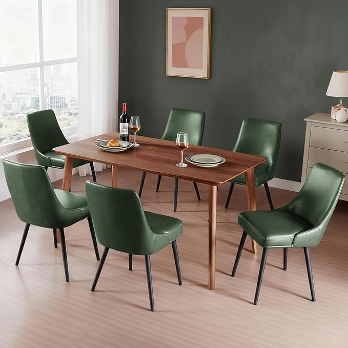 Modern Upholstered Dining Chairs Set of 6 with Thick Seat Cushion and Curved Back, Synthetic Leather Mid-Century Dinner Chair for Kitchen, Dining Room,Cafe (Faux Leather-Green, Set of 6)
