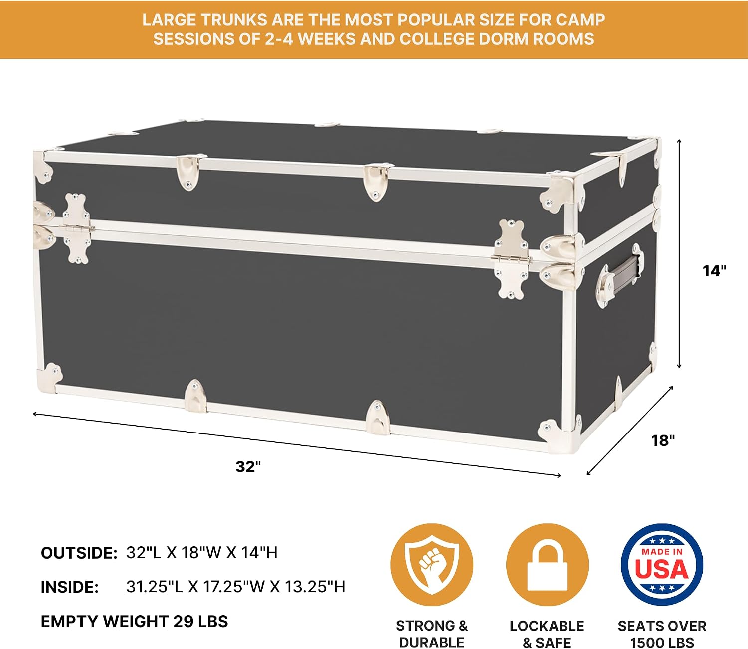 Rhino Classic Large Trunk for Camp & College, Dorm Storage Footlocker Chest | 32"L x 18"W x 14"H, 1500+ lb Capacity, Baltic Birch Plywood, Nickel Plated Steel, Lockable