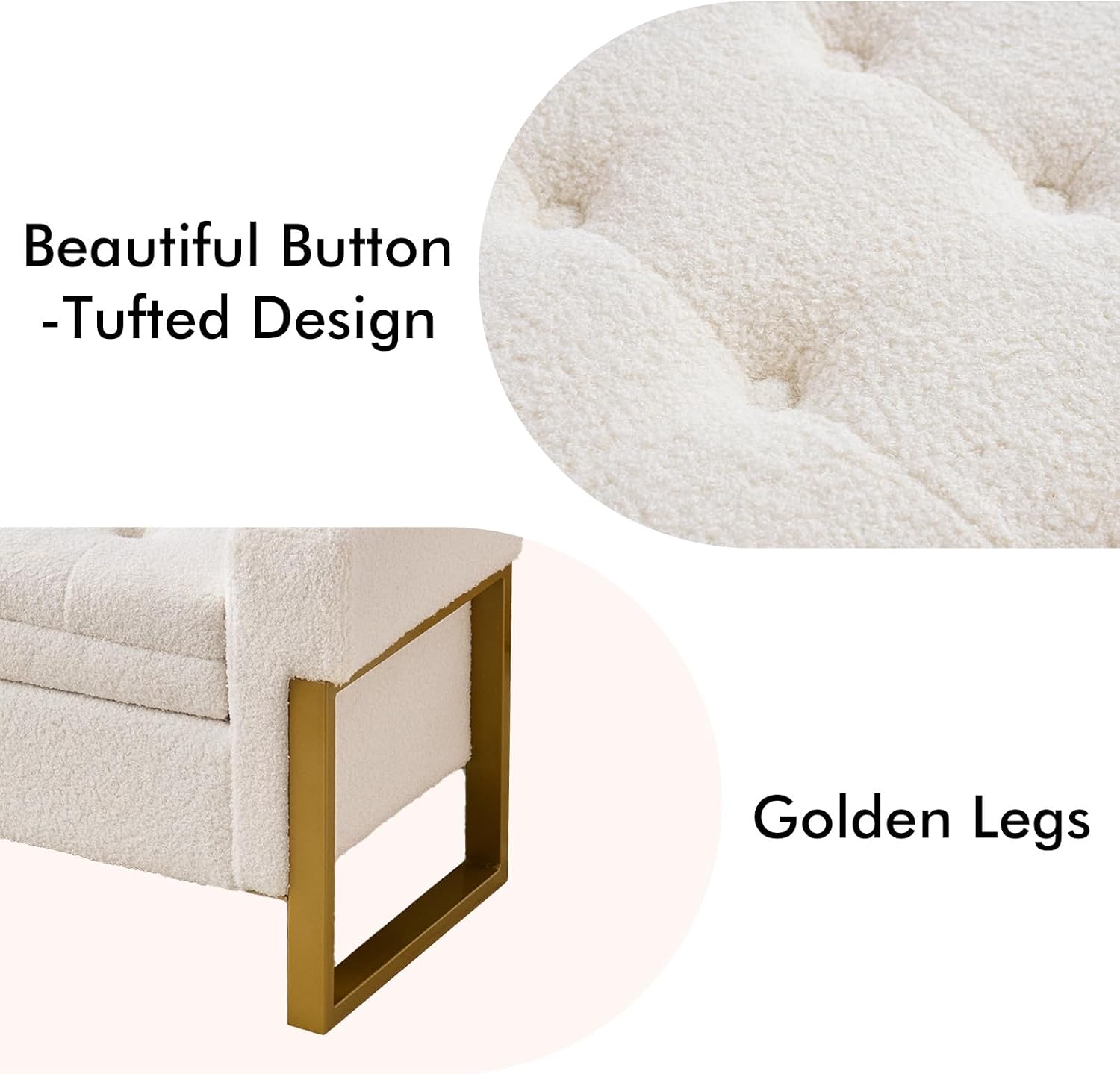 67" Storage Bench for Bedroom, King Size End of Bed Bench, Teddy Upholstered Storage Ottoman Bench with Golden Metal Legs, Bedroom Bench for Entryway, White