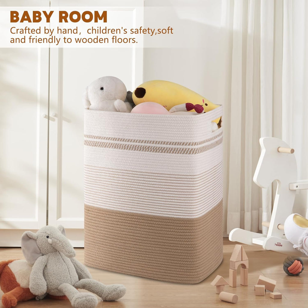 Laundry Hamper, Large Woven Rope Tall Laundry Basket with Handles, 22" X 17" X 13", Decorative Storage Basket for Clothes and Blankets in Living room, Bedroom, Jute & White