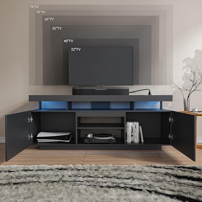 HOMMPA LED TV Stand for 75 Inch TV, Modern Tall Entertainment Center with Power Outlet, Gaming TV Consoles with Storage, High Gloss LED Lights Game Cabinet for Living Room, Grey& Black