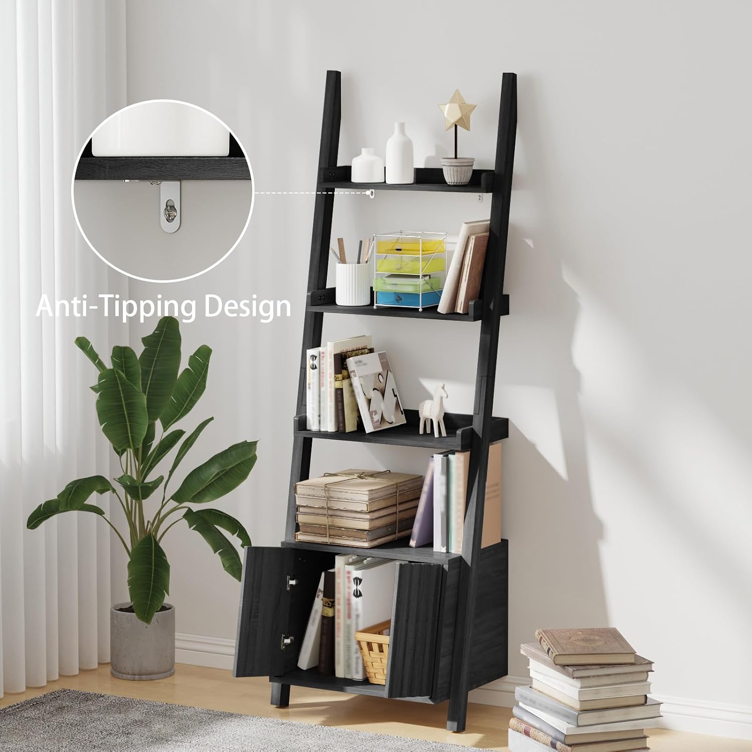 4-Tier Ladder Shelf,Modern Ladder Bookshelf Bookcase with Storage,Display Storage Shelf for Living Room Bedroom Kitchen Office,Black